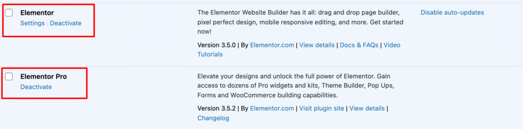 Find Elementor from the installed Plug-ins list