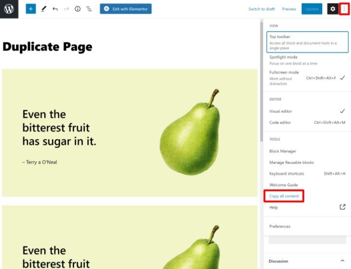 duplicate content Gutenberg- how to copy a page in WordPress Elementor