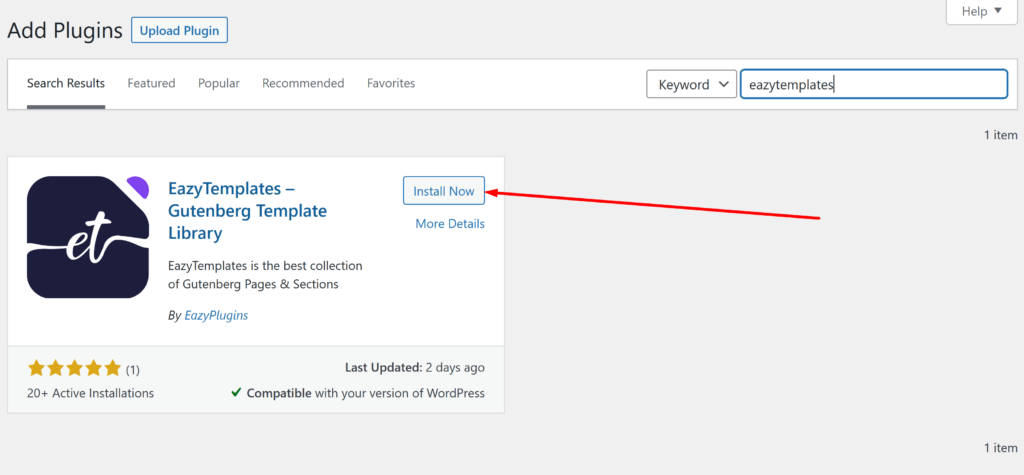 Find and Install Eazy Template plugin in WordPress Repository 