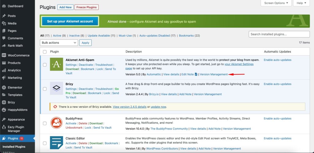 Click on Version Management- Way to Manage the Best Version of Plugin