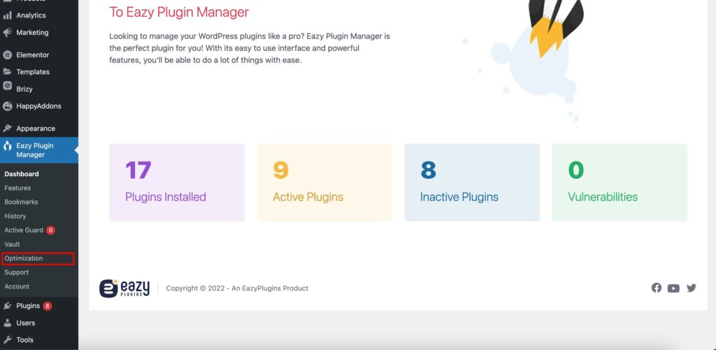 Go to Optimization Speed optimization feature of Eazy Plugin Manager