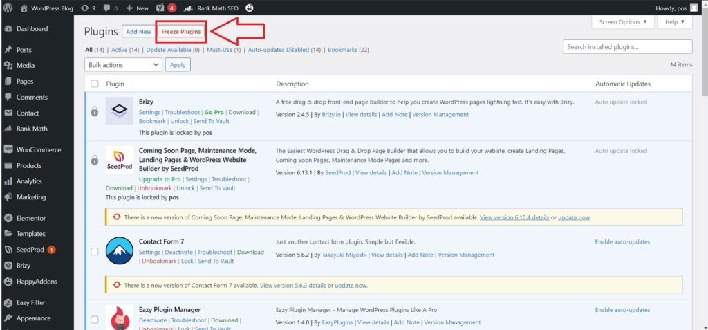 Click on Freeze Plugins Button- Freeze Entire Plugin Page to Prevent Website Breaking