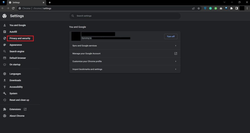 Find the "Privacy and Security" tab 