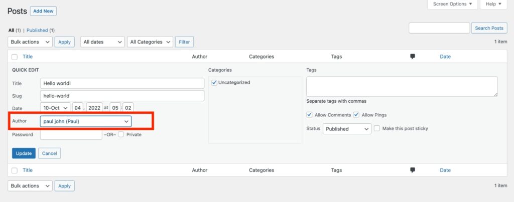 select the author’s name from the drop-down box