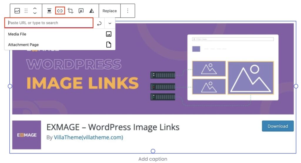 insert link in images at Gutenberg Editor