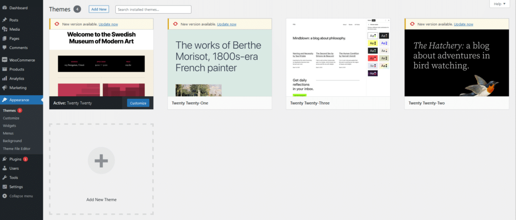 Delete a WordPress theme in the WordPress dashboard