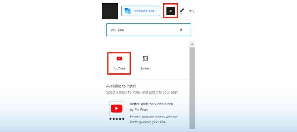 Click on the plus (+) button at the top-left of your WordPress page/post editing page, search for 'YouTube', and select the YouTube block.