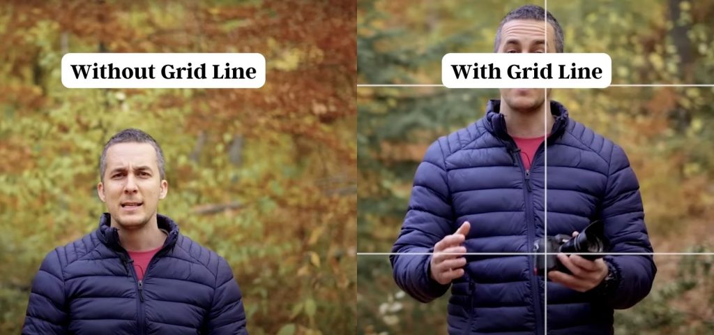 Before and after images of a shot taken without and with the grid lines