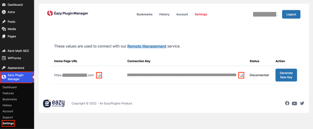Copy Home Page URL and Connection Key