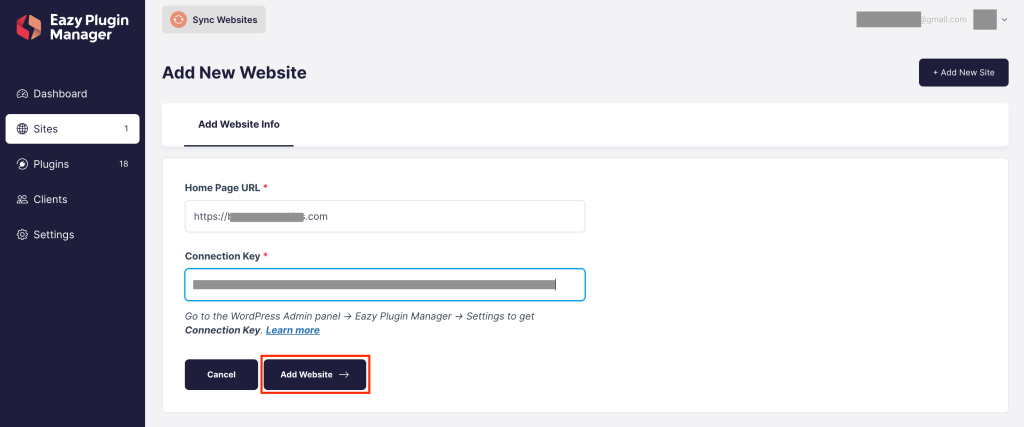 Paste the Home Page URL and Connection Key