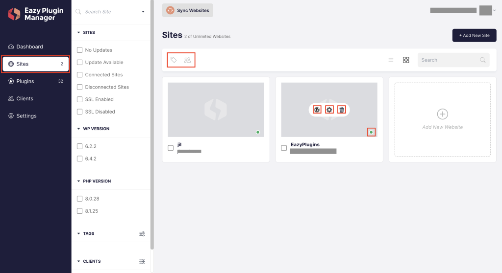 3 icons- 1 Click Admin Access, Settings, and Delete Site, respectively.