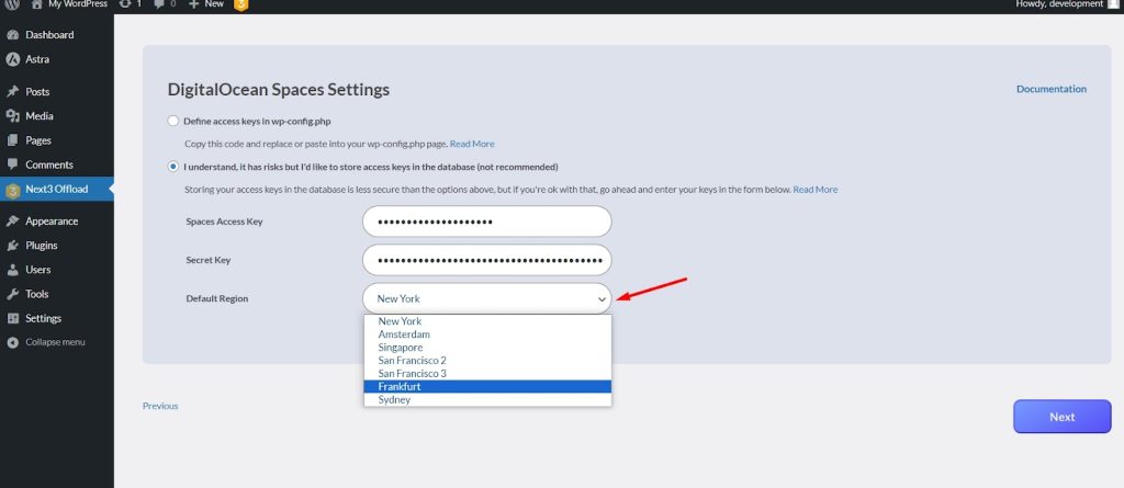Select the Region that you selected