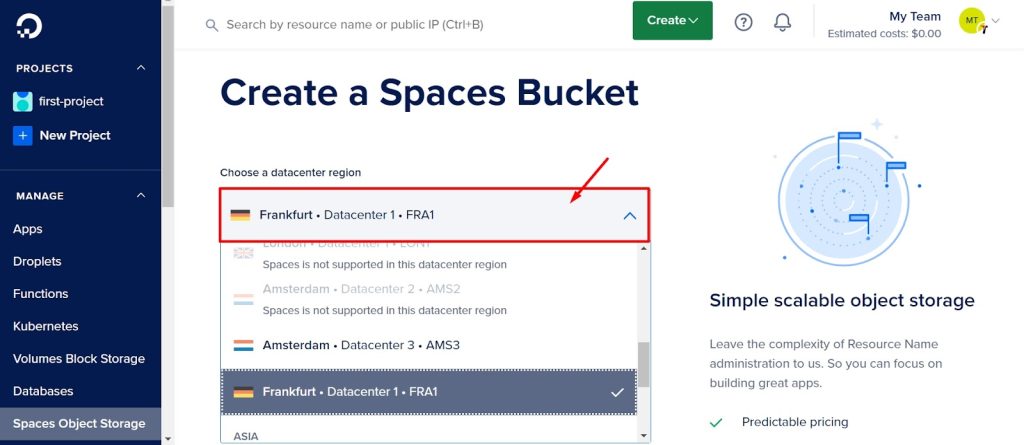 choose a datacenter region from the drop-down menu.