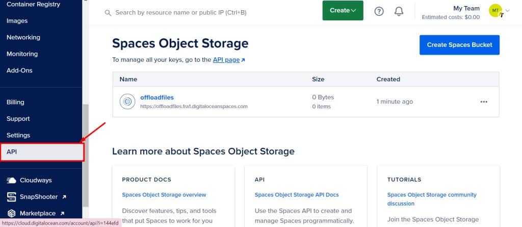 To create an Access Key and Secret Key, you have to click on the API tab.