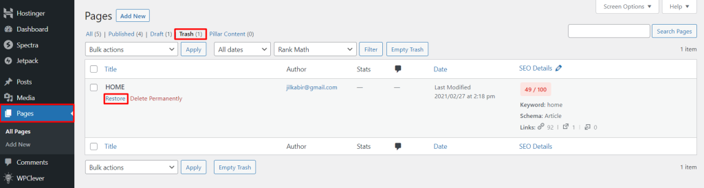 wordpress recover deleted page