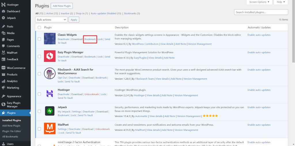 Bookmark feature of Eazy Plugin Manager- benefits of wordpress maintenance