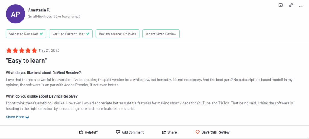 DaVinci Resolve Customer Review
